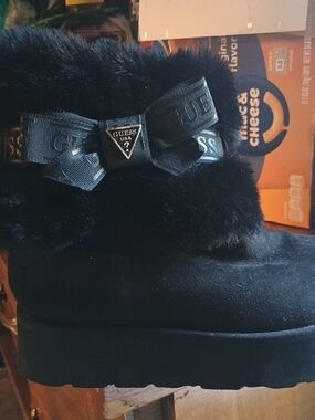 GUESS Black Faux Fur Bow Winter Bootie